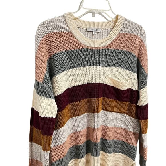 Madewell Sweater Sz XS Thompson Pocket Pullover Knit in Cream Green Multi Stripe - Picture 3 of 11